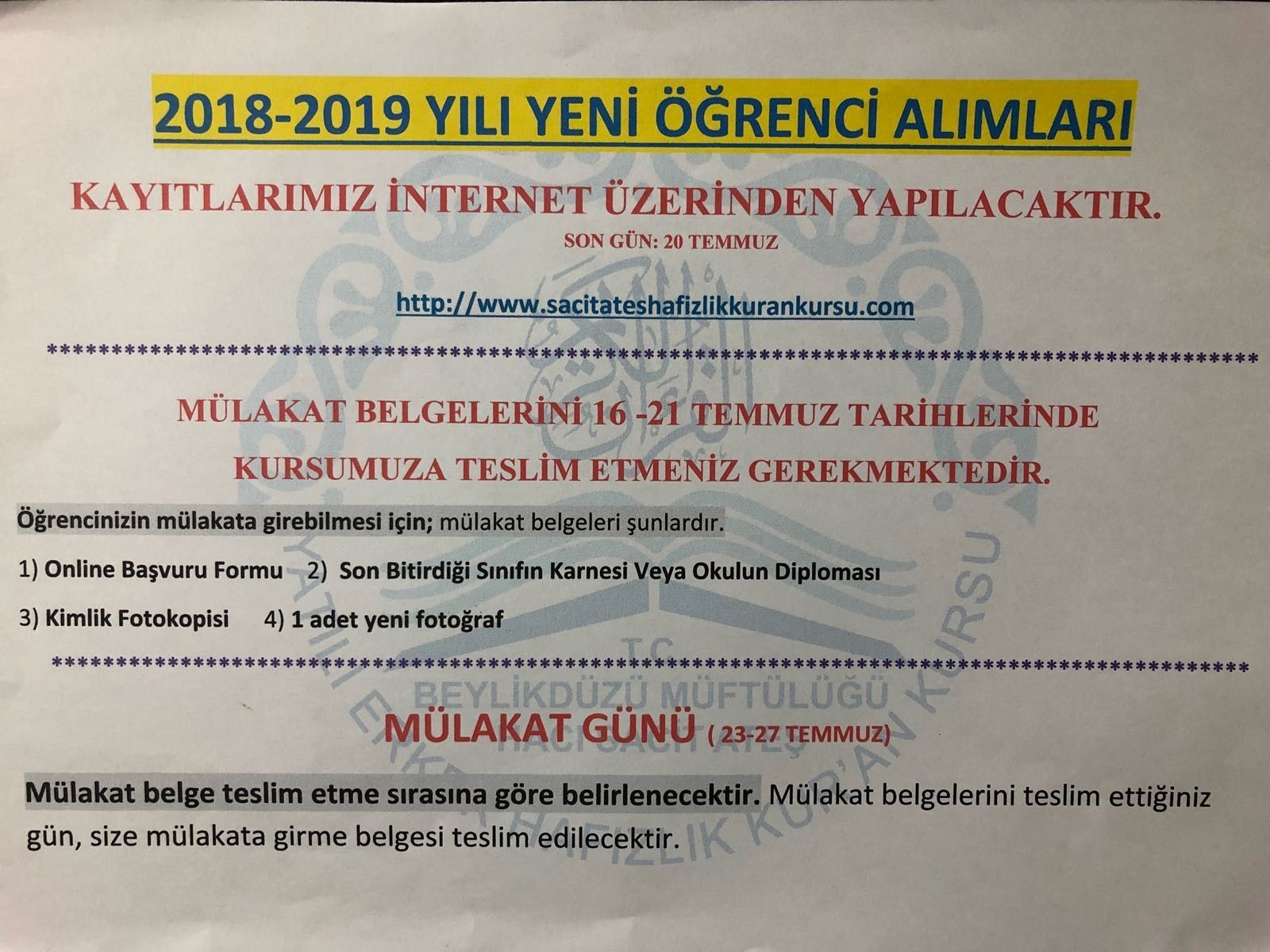 20 Temmuz Cuma Mulakat evrakları teslim tarihi