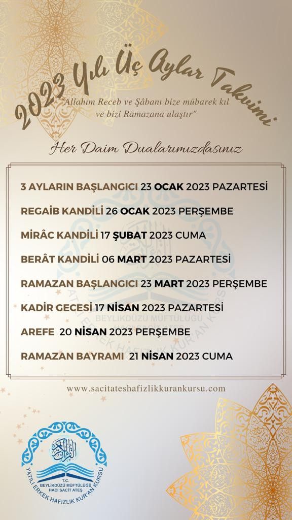 2023 YILI ÜÇ AYLAR TAKVİMİ